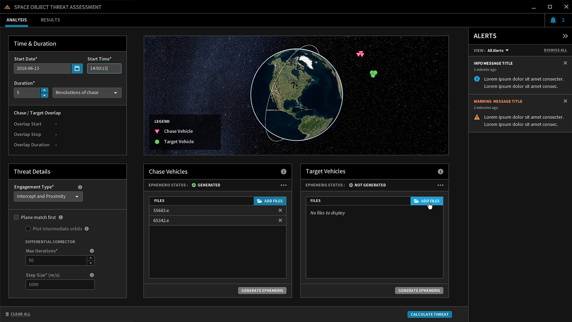 Picture of VEDCOMSPOC's Space Object Threat Assessment (SOTA) dash panel detailing chase and target vehicles their engagement type and alerts.